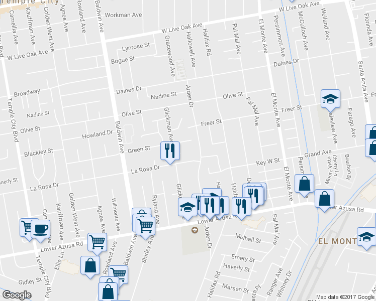 map of restaurants, bars, coffee shops, grocery stores, and more near 10236 Green Street in Temple City