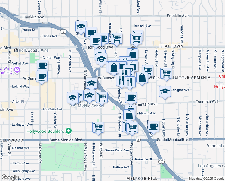 map of restaurants, bars, coffee shops, grocery stores, and more near 5620 De Longpre Avenue in Los Angeles