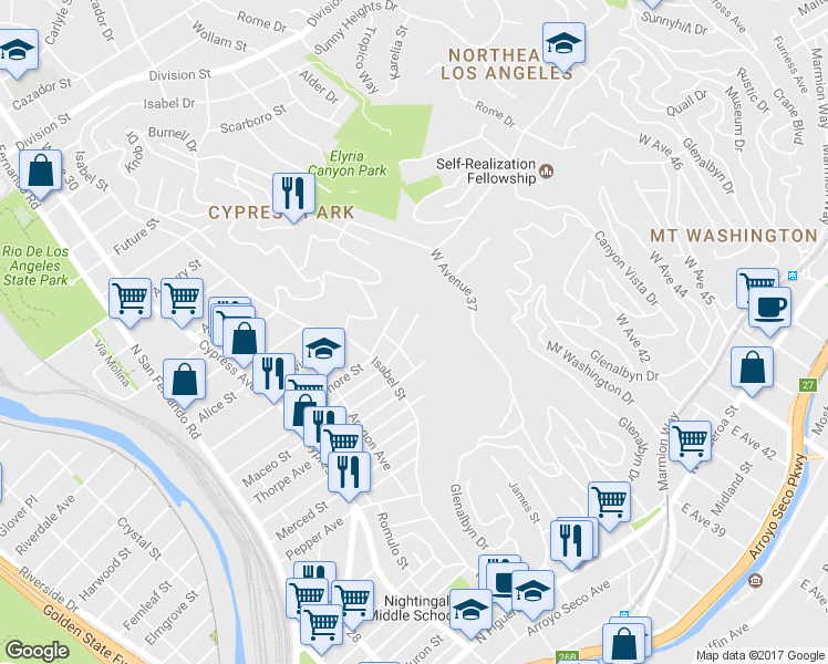 map of restaurants, bars, coffee shops, grocery stores, and more near 3620 Altamont Street in Los Angeles