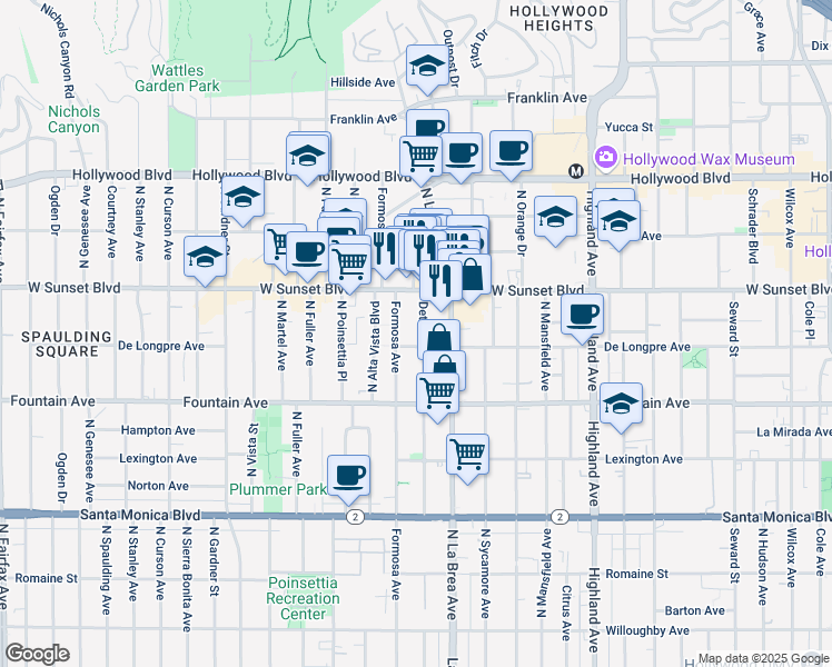 map of restaurants, bars, coffee shops, grocery stores, and more near 1411 North Detroit Street in Los Angeles