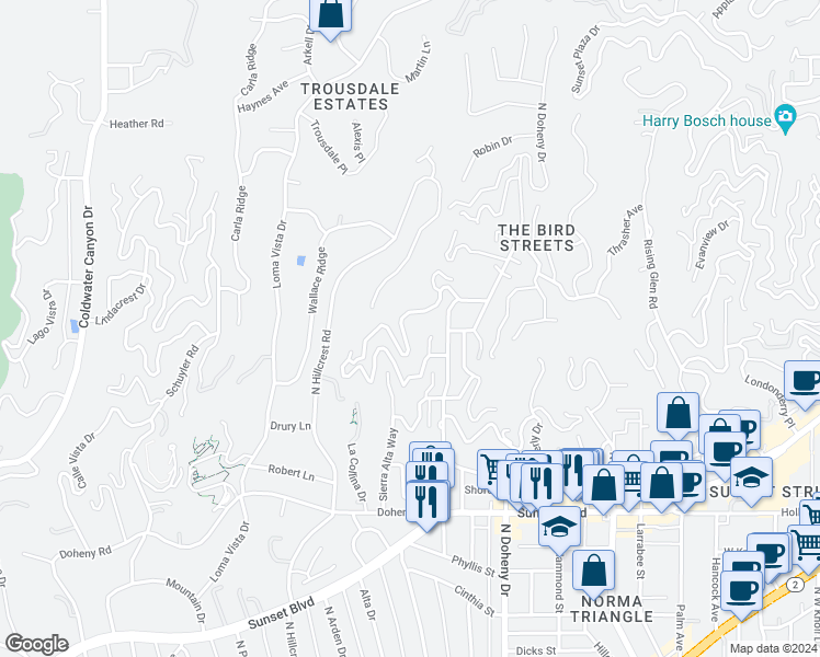 map of restaurants, bars, coffee shops, grocery stores, and more near 9330 Flicker Way in Los Angeles