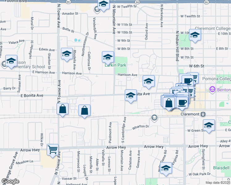 map of restaurants, bars, coffee shops, grocery stores, and more near 306 North Mountain Avenue in Claremont