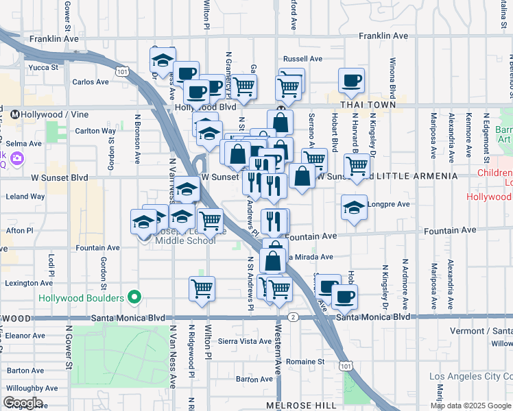 map of restaurants, bars, coffee shops, grocery stores, and more near 1375 Saint Andrews Place in Los Angeles