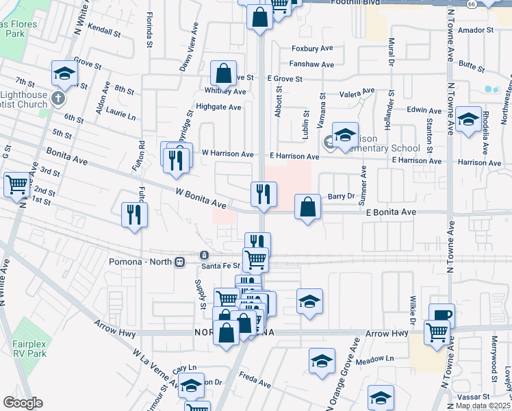 map of restaurants, bars, coffee shops, grocery stores, and more near 2802 Cherry Way in Pomona