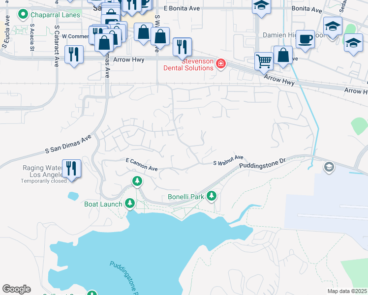 map of restaurants, bars, coffee shops, grocery stores, and more near 751 Harwood Court in San Dimas