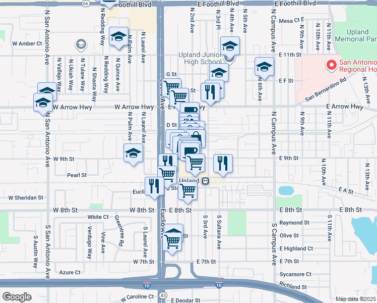 map of restaurants, bars, coffee shops, grocery stores, and more near 180 East C Street in Upland