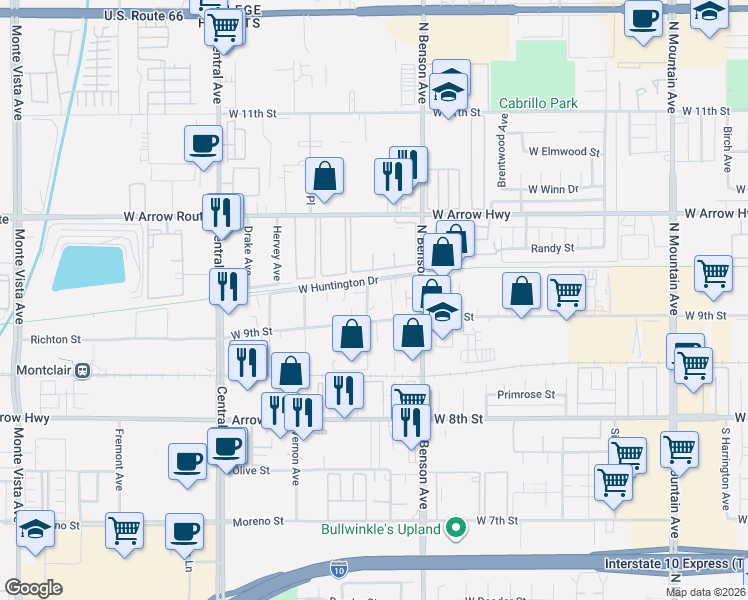 map of restaurants, bars, coffee shops, grocery stores, and more near 1663 West 9th Street in Upland