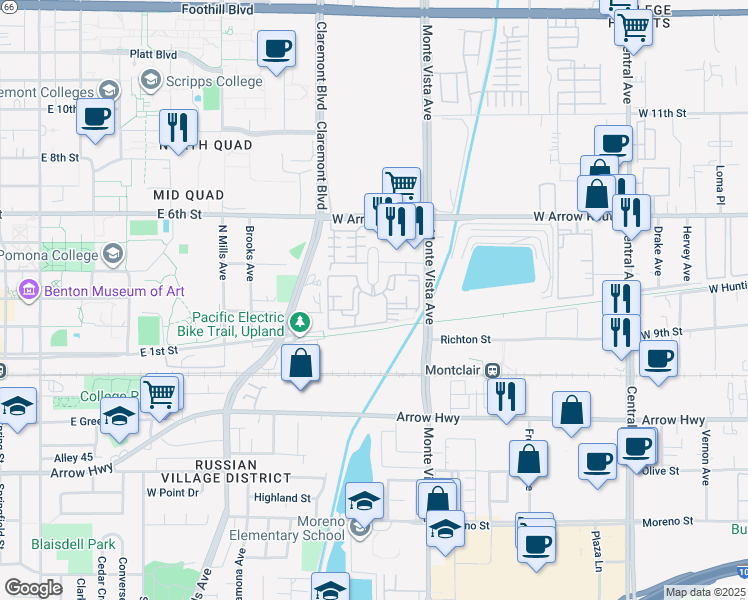 map of restaurants, bars, coffee shops, grocery stores, and more near 250 College Park Drive in Upland