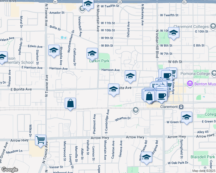 map of restaurants, bars, coffee shops, grocery stores, and more near 309 North Cambridge Avenue in Claremont