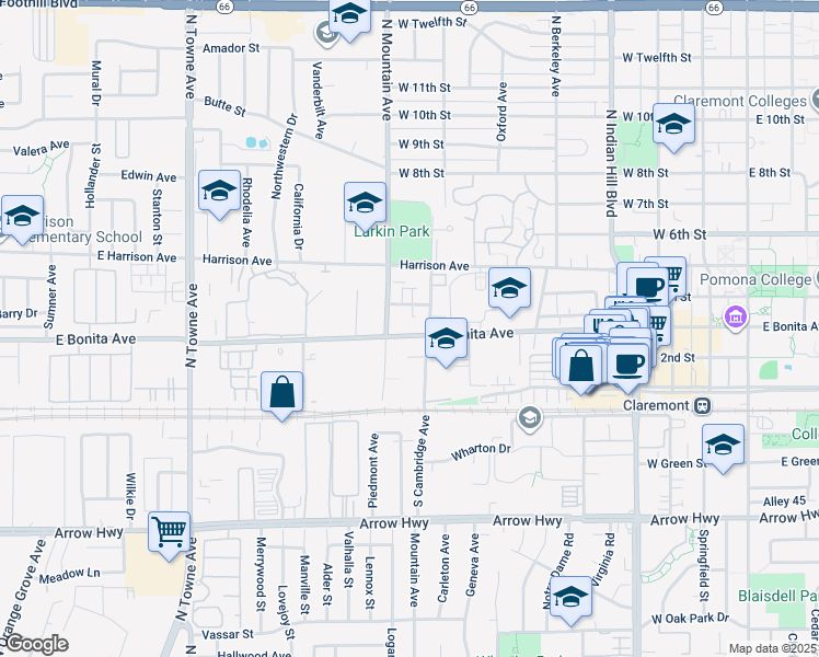 map of restaurants, bars, coffee shops, grocery stores, and more near 309 North Cambridge Avenue in Claremont
