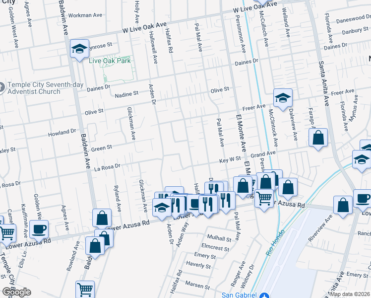 map of restaurants, bars, coffee shops, grocery stores, and more near 5107 Halifax Road in Temple City