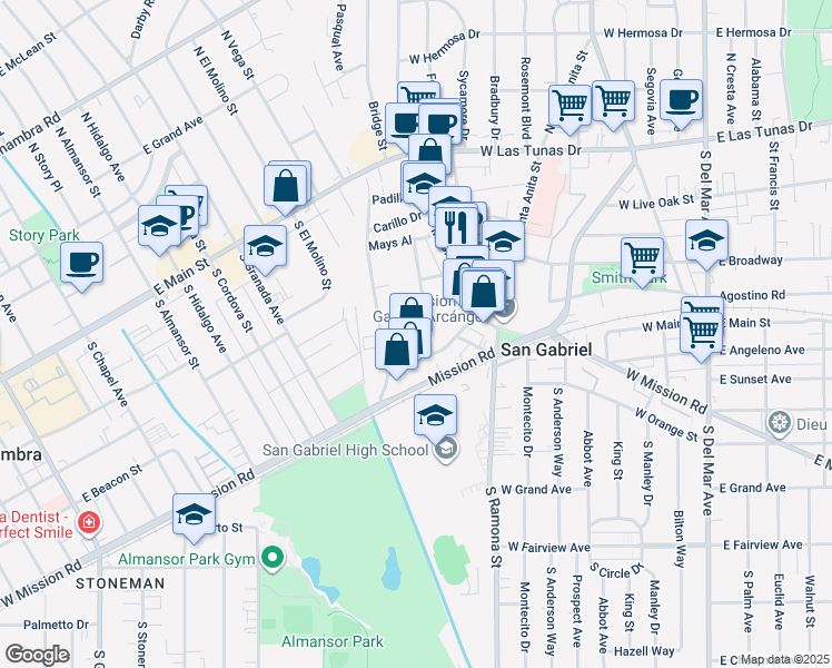 map of restaurants, bars, coffee shops, grocery stores, and more near 338 South Arroyo Drive in San Gabriel