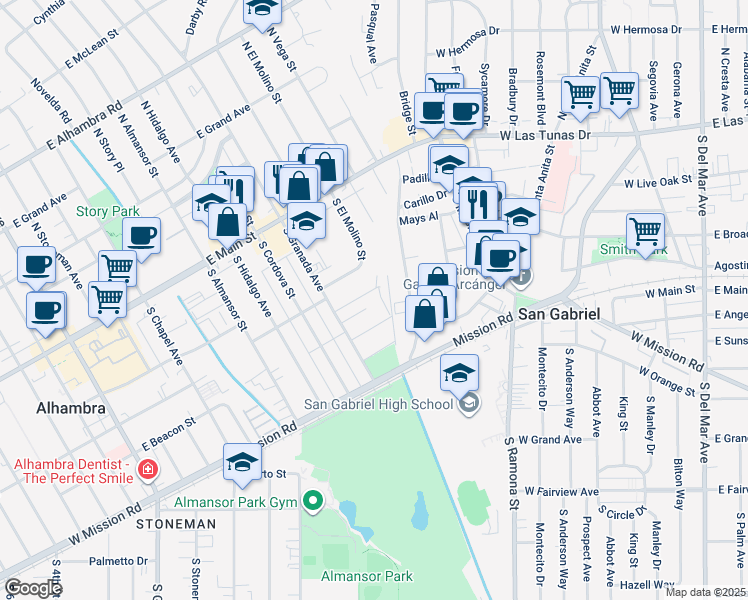 map of restaurants, bars, coffee shops, grocery stores, and more near 920 East Arroyo Terrace in Alhambra