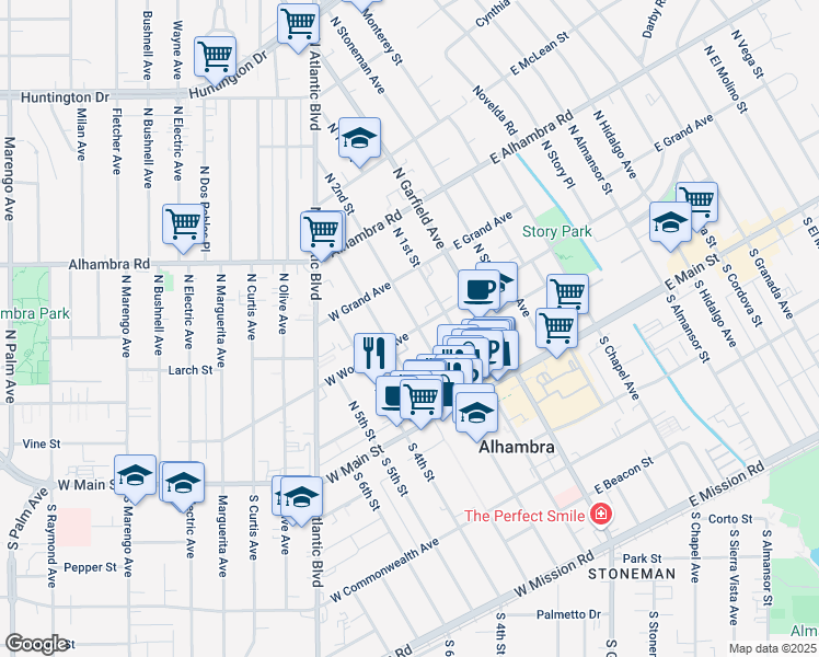 map of restaurants, bars, coffee shops, grocery stores, and more near 205 West Woodward Avenue in Alhambra