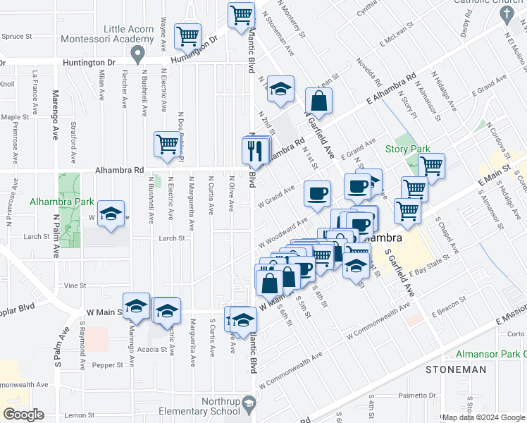map of restaurants, bars, coffee shops, grocery stores, and more near 408 West Grand Avenue in Alhambra