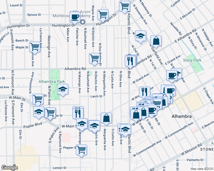 map of restaurants, bars, coffee shops, grocery stores, and more near 331 North Marguerita Avenue in Alhambra