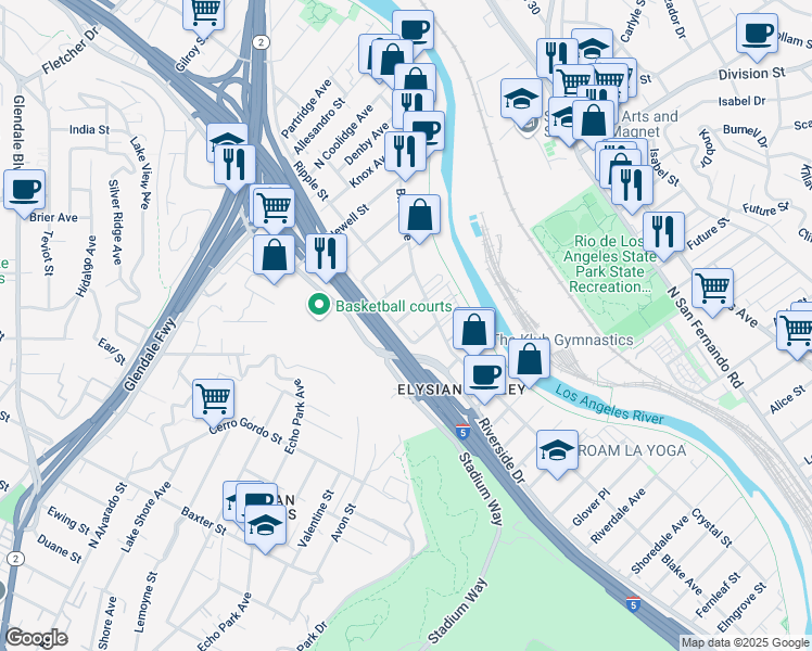 map of restaurants, bars, coffee shops, grocery stores, and more near 2637 Blimp Street in Los Angeles