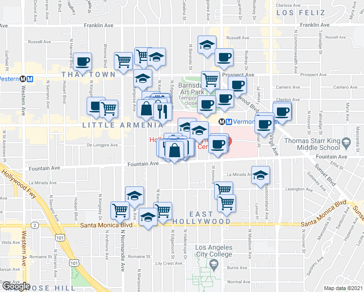 map of restaurants, bars, coffee shops, grocery stores, and more near 1340 North Edgemont Street in Los Angeles