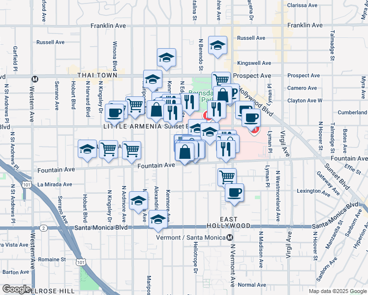 map of restaurants, bars, coffee shops, grocery stores, and more near 1340 North Edgemont Street in Los Angeles