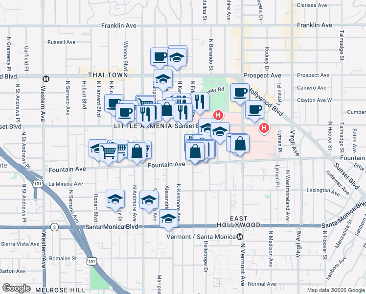 map of restaurants, bars, coffee shops, grocery stores, and more near 1339 1/2 North Kenmore Avenue in Los Angeles