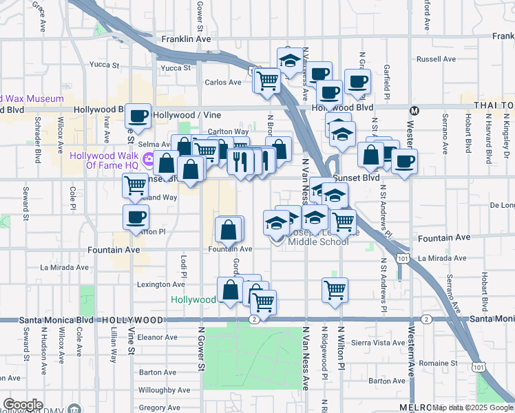 map of restaurants, bars, coffee shops, grocery stores, and more near 1421 North Bronson Avenue in Los Angeles