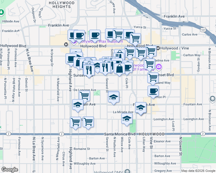 map of restaurants, bars, coffee shops, grocery stores, and more near 1403 Seward Street in Los Angeles