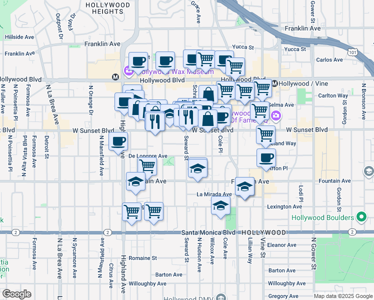 map of restaurants, bars, coffee shops, grocery stores, and more near 1403 Seward Street in Los Angeles