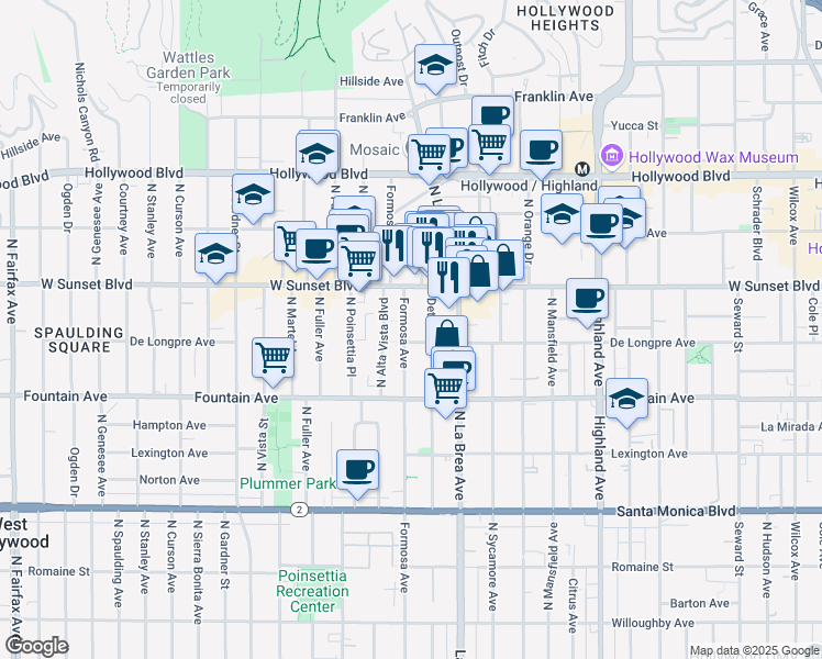 map of restaurants, bars, coffee shops, grocery stores, and more near 1411 North Detroit Street in Los Angeles
