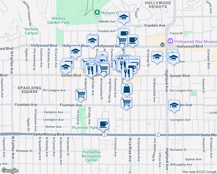 map of restaurants, bars, coffee shops, grocery stores, and more near 1426 North Alta Vista Boulevard in Los Angeles