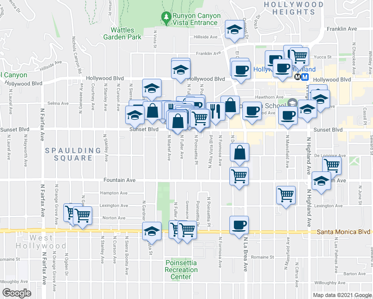 map of restaurants, bars, coffee shops, grocery stores, and more near 1419 North Poinsettia Place in Los Angeles