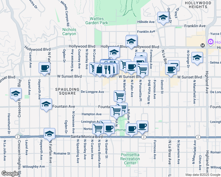 map of restaurants, bars, coffee shops, grocery stores, and more near 1403 North Gardner Street in Los Angeles