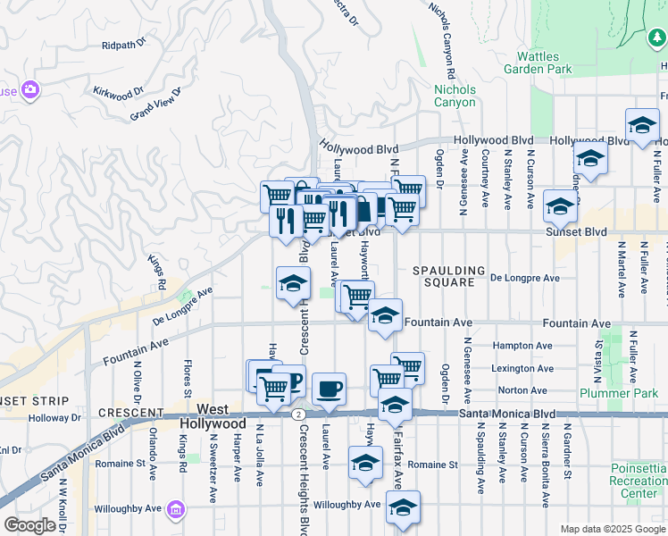 map of restaurants, bars, coffee shops, grocery stores, and more near 1401 North Laurel Avenue in West Hollywood