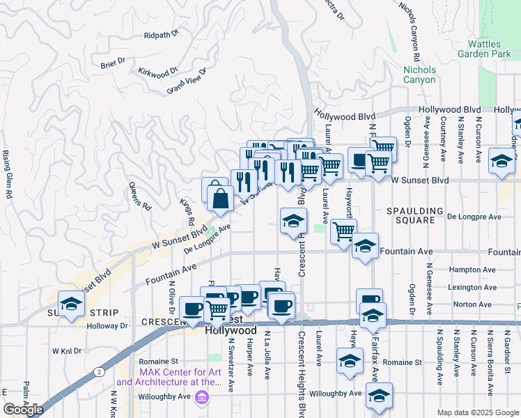 map of restaurants, bars, coffee shops, grocery stores, and more near 1415 Havenhurst Drive in Los Angeles