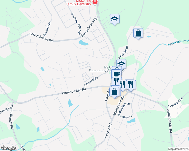 map of restaurants, bars, coffee shops, grocery stores, and more near 3541 Salvia Drive in Buford