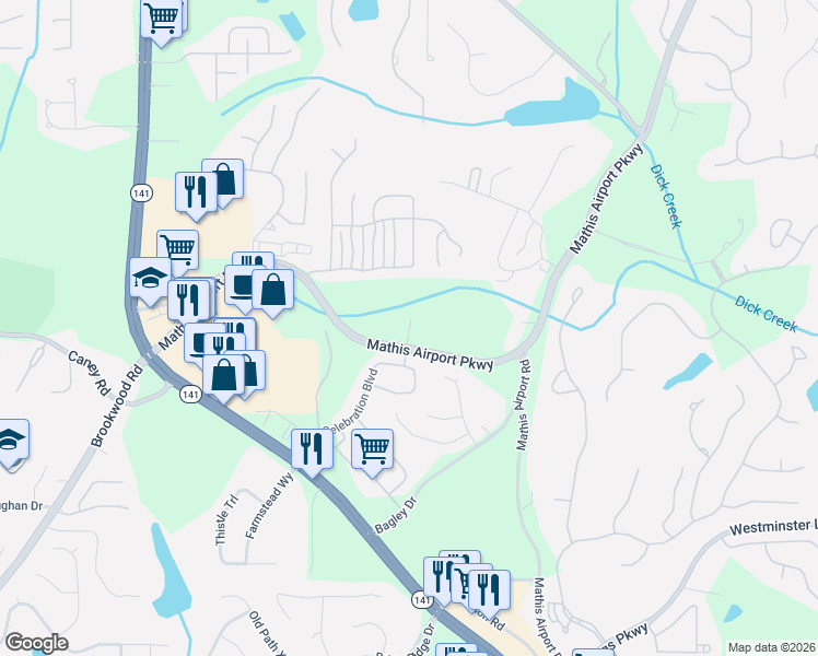 map of restaurants, bars, coffee shops, grocery stores, and more near Mathis Airport Parkway in Suwanee