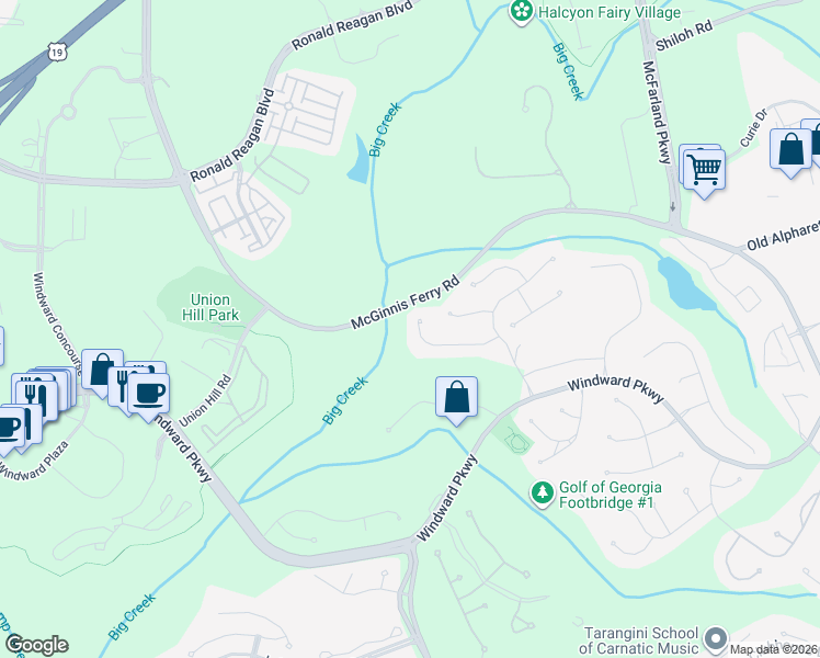 map of restaurants, bars, coffee shops, grocery stores, and more near 1420 Hillcrest Heights in Alpharetta