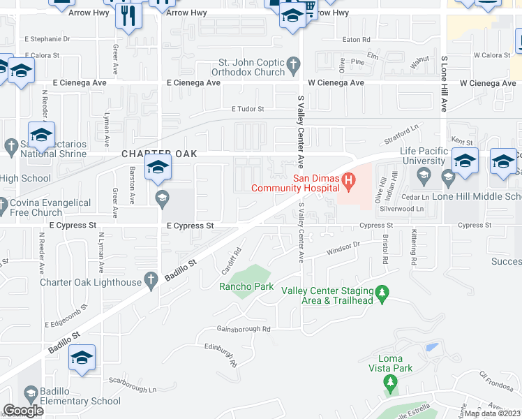 map of restaurants, bars, coffee shops, grocery stores, and more near 1609 West Badillo Street in Covina