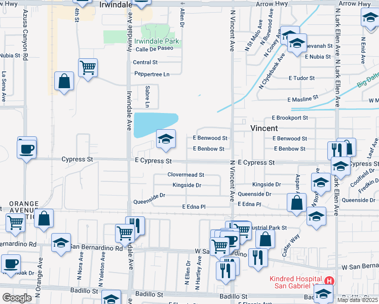 map of restaurants, bars, coffee shops, grocery stores, and more near 16202 East Benbow Street in Covina