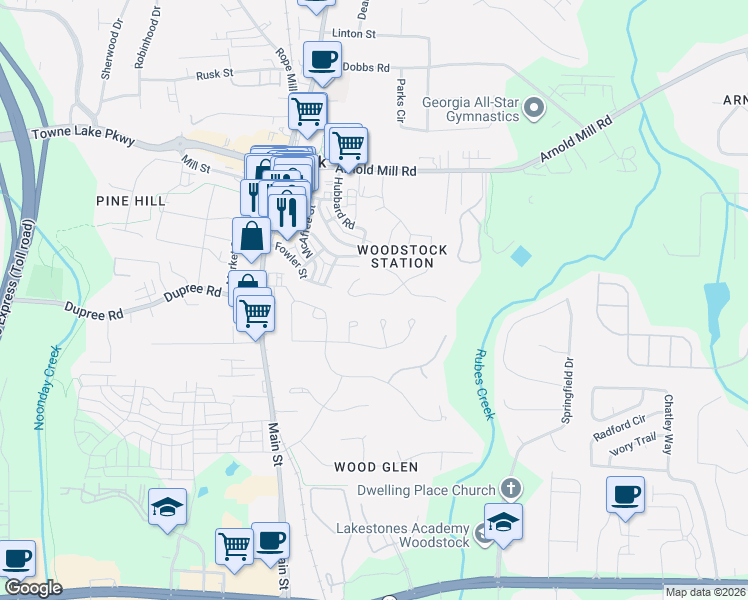 map of restaurants, bars, coffee shops, grocery stores, and more near 171 Bentley Parkway in Woodstock