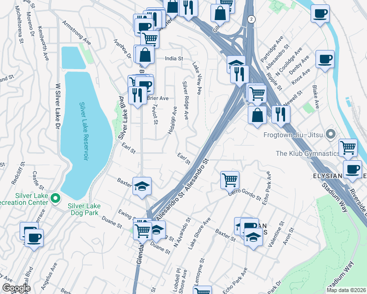 map of restaurants, bars, coffee shops, grocery stores, and more near 2237 Silver Ridge Avenue in Los Angeles