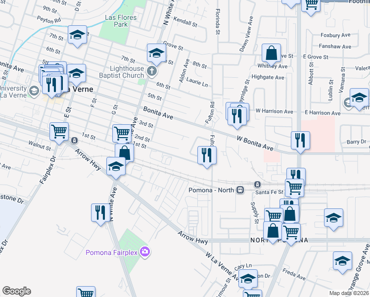 map of restaurants, bars, coffee shops, grocery stores, and more near 2715 2nd Street in La Verne