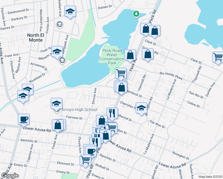 map of restaurants, bars, coffee shops, grocery stores, and more near 11555 Cherrylee Drive in El Monte