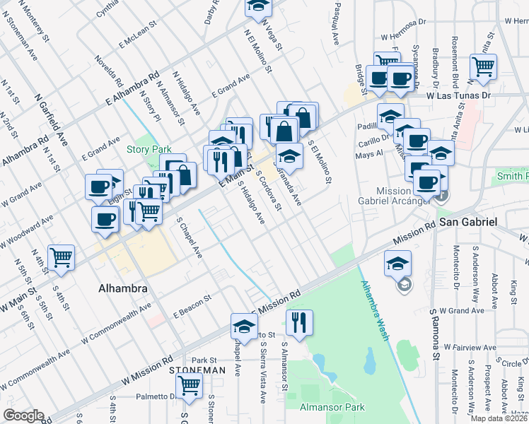 map of restaurants, bars, coffee shops, grocery stores, and more near 207 South Cordova Street in Alhambra