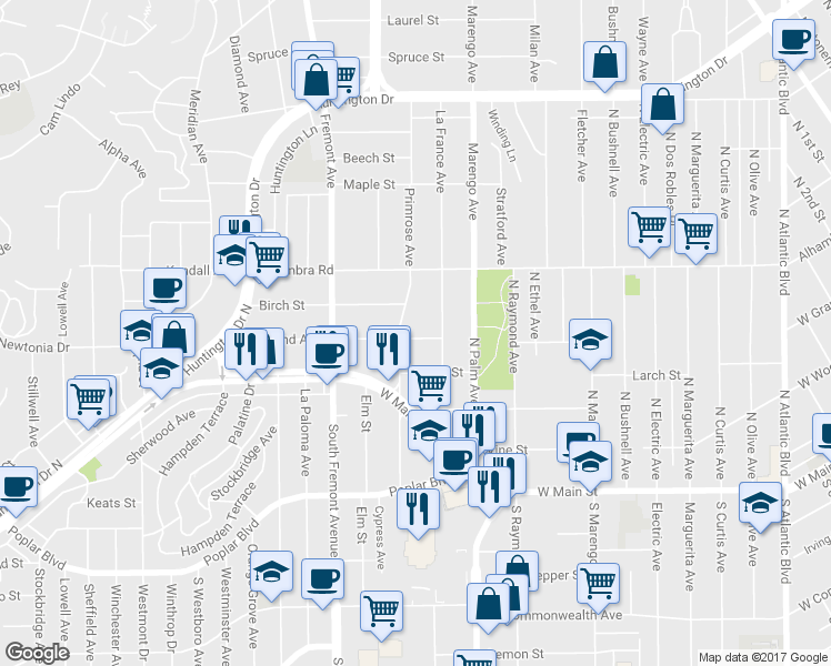 map of restaurants, bars, coffee shops, grocery stores, and more near 2315 West Grand Avenue in Alhambra