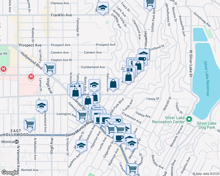 map of restaurants, bars, coffee shops, grocery stores, and more near 3919 Fernwood Avenue in Los Angeles