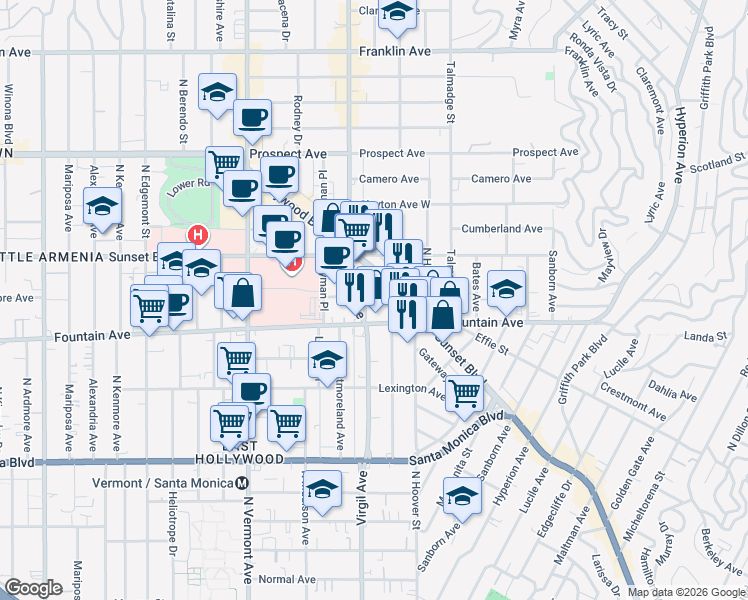 map of restaurants, bars, coffee shops, grocery stores, and more near 1324 North Virgil Avenue in Los Angeles
