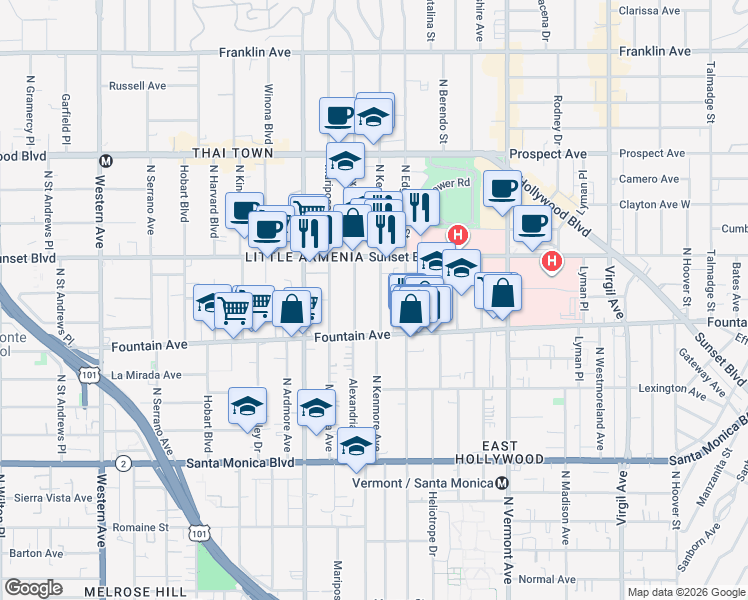 map of restaurants, bars, coffee shops, grocery stores, and more near 1339 1/2 North Kenmore Avenue in Los Angeles