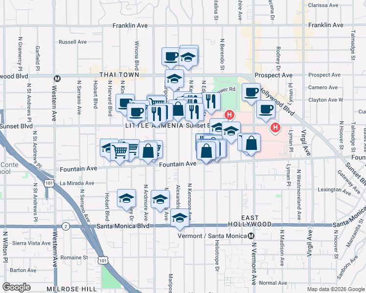 map of restaurants, bars, coffee shops, grocery stores, and more near 1339 1/2 North Kenmore Avenue in Los Angeles