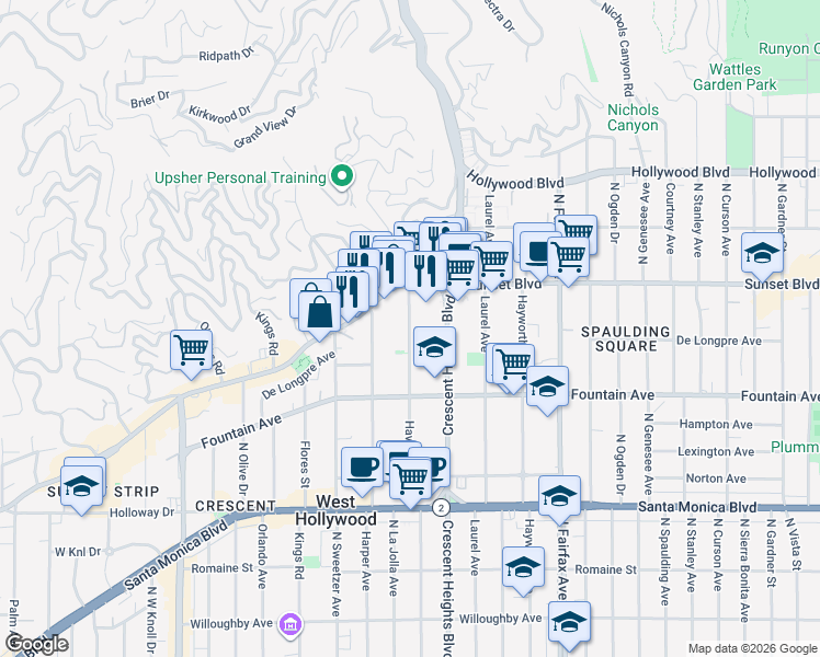 map of restaurants, bars, coffee shops, grocery stores, and more near 1415 Havenhurst Drive in Los Angeles