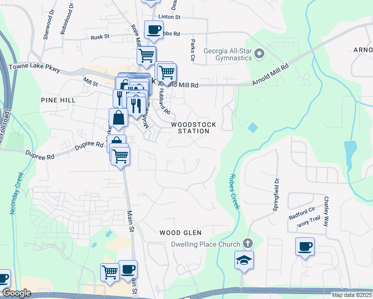map of restaurants, bars, coffee shops, grocery stores, and more near 165 Bentley Parkway in Woodstock